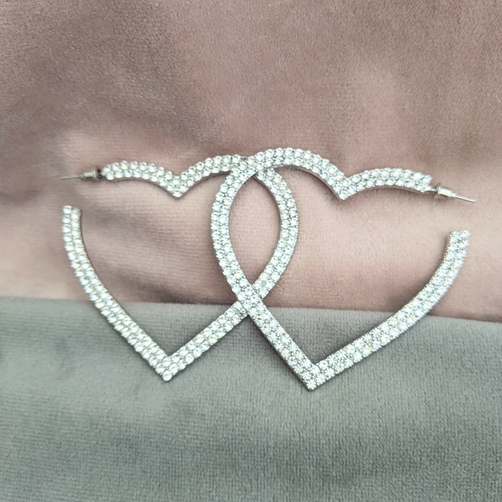 Earrings Hoop Earrings Big Hearts Shiny Crystal Rhinestone Silver Tone